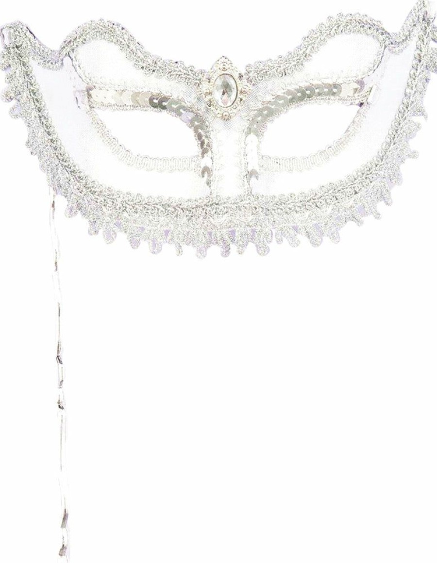 Mardi Gras * | Forum Novelties Venetian Mask Silver Colombina With Stick Venetian Masks