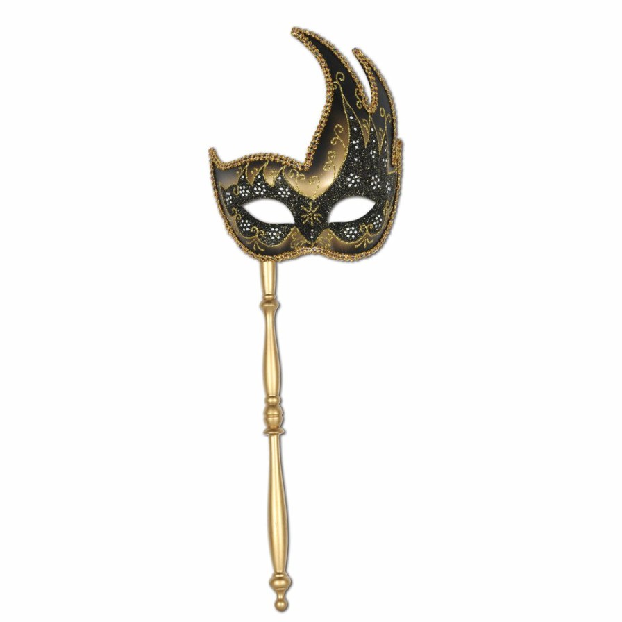 Mardi Gras * | Forum Novelties Venetian Masks Half Mask Glittered Mask On Stick Black & Gold