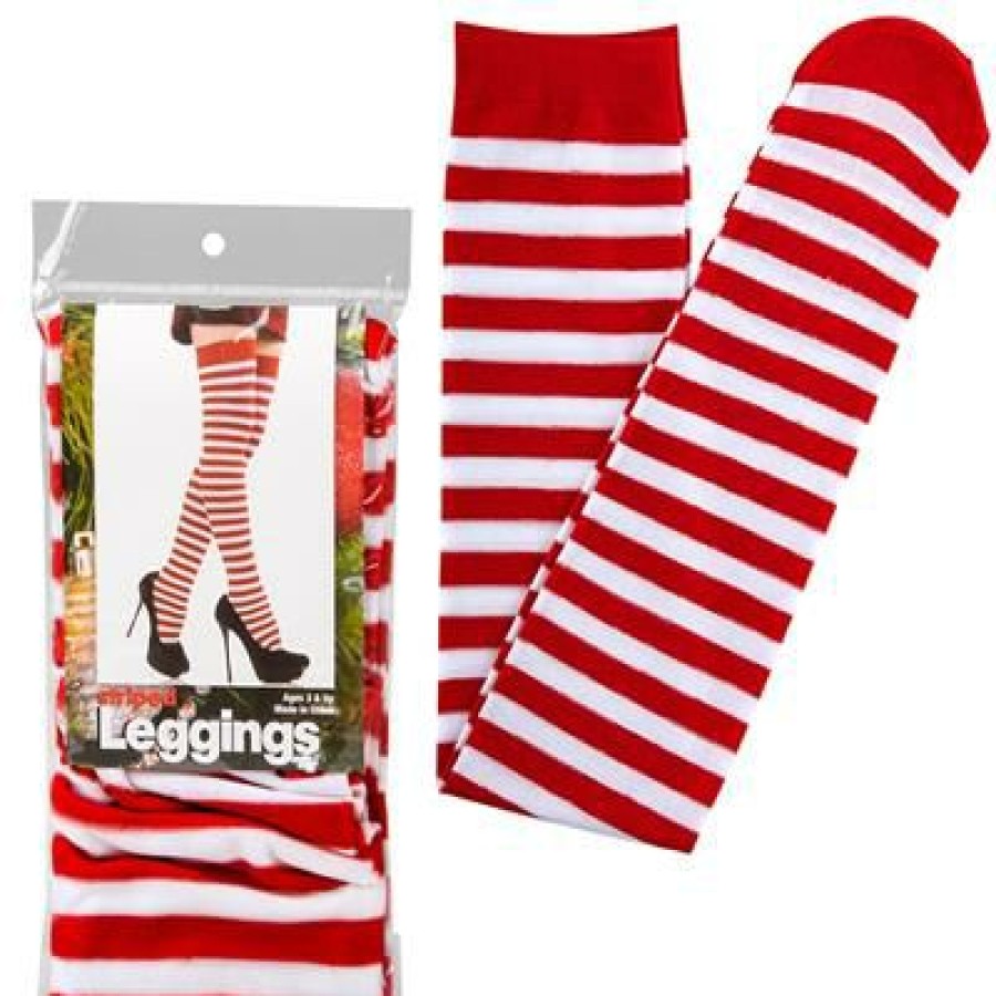 Christmas * | Rhode Island Novelty Christmas Accessories White & Red Striped Thigh High Leggings