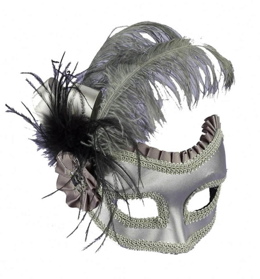 Mardi Gras * | Forum Novelties Venetian Mask Grey With Feathers Venetian Masks