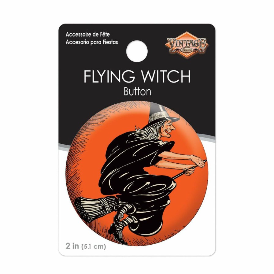 Halloween * | Beistle Beistle Vintage Halloween Vintage Halloween Flying Witch Button