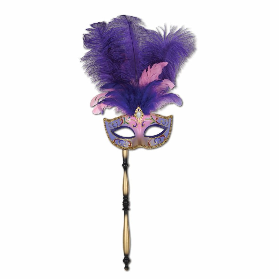 Mardi Gras * | Forum Novelties Half Mask Glittered Mask On Stick Purple Feathers Venetian Masks