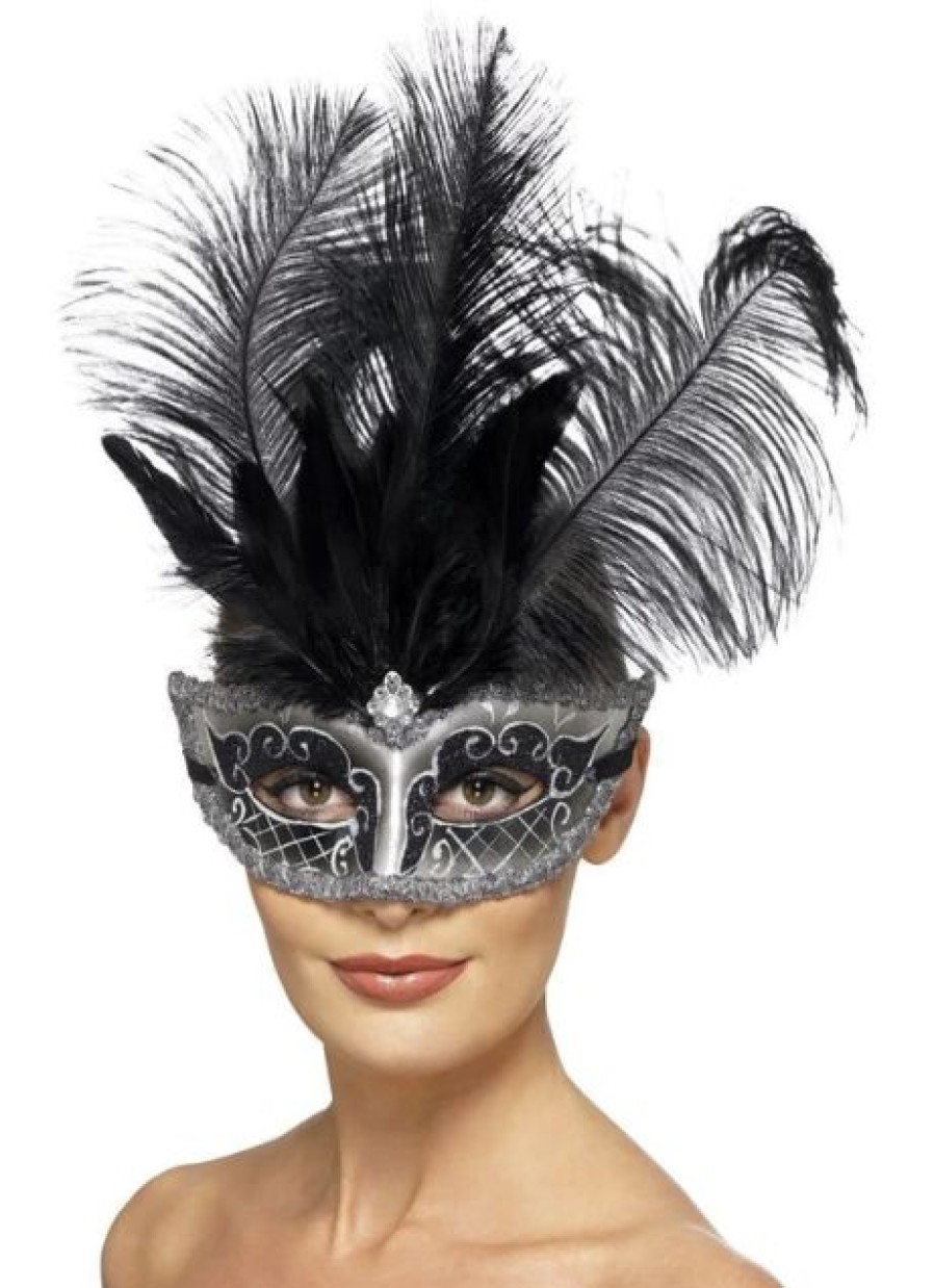 Mardi Gras * | Smiffy'S Venetian Mask Black And Silver Colombina Venetian Masks