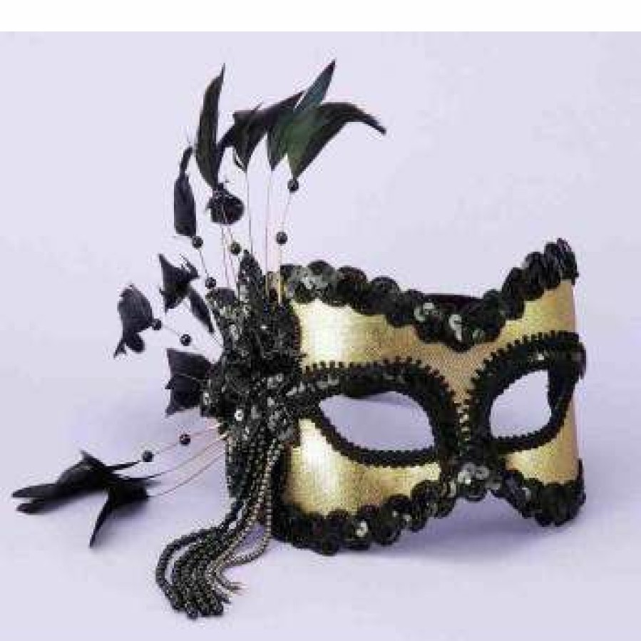 Mardi Gras * | Forum Novelties Venetian Masks Venetian Mask Gold Lame Black Feathers