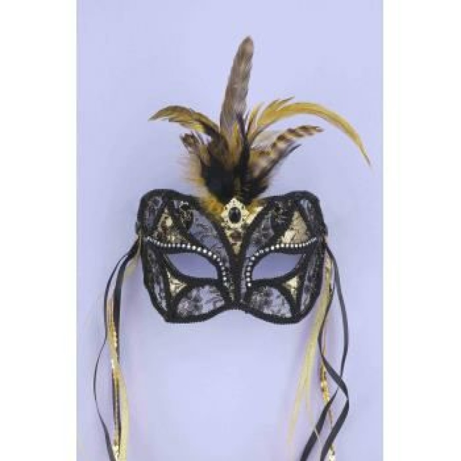 Mardi Gras * | Forum Novelties Venetian Masks Venetian Mask Gold And Black Lace With Feathers