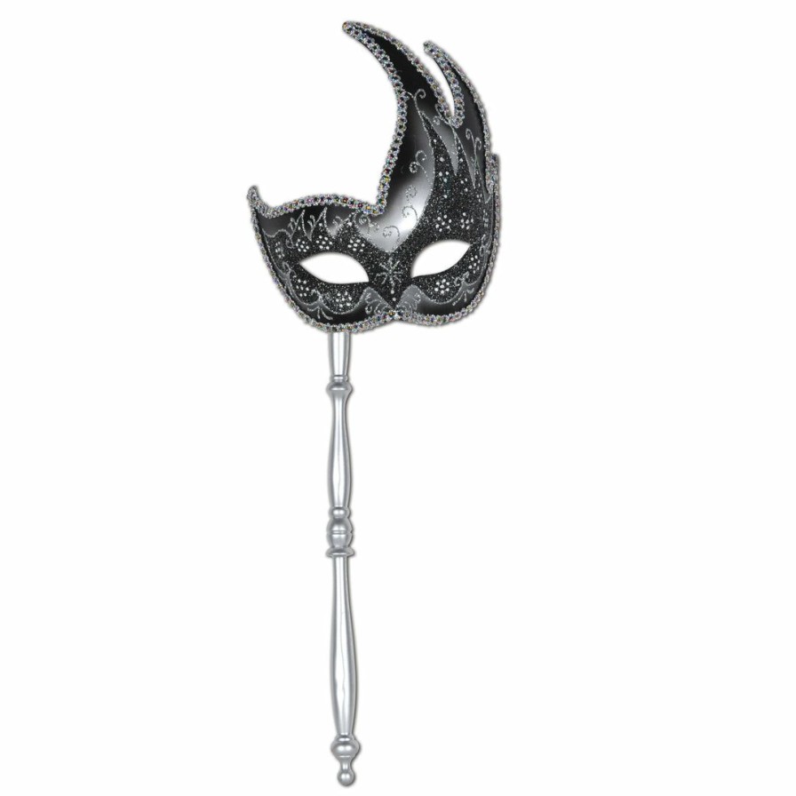 Mardi Gras * | Forum Novelties Venetian Masks Half Mask Glittered Mask On Stick Black & Silver