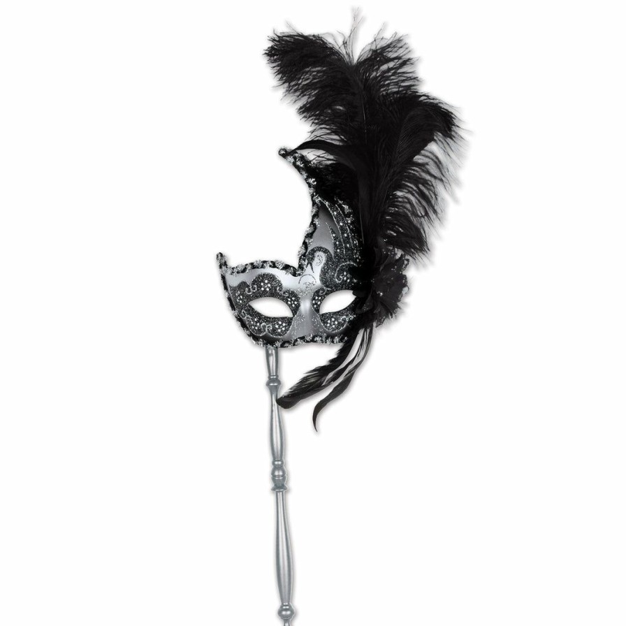 Mardi Gras * | Beistle Venetian Masks Glittered Mask Black And Silver With Feathers